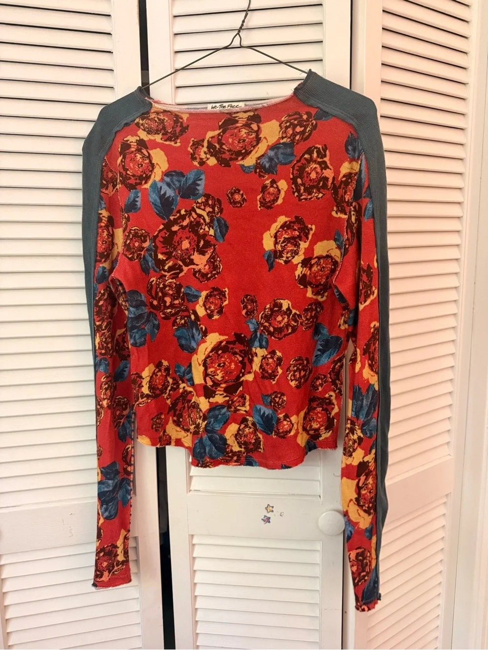 We The Free Red Floral Long-Sleeve Top with Blue Accents